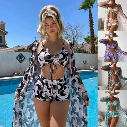 Summer Floral Bikini Set with Long Sleeve Cardigan