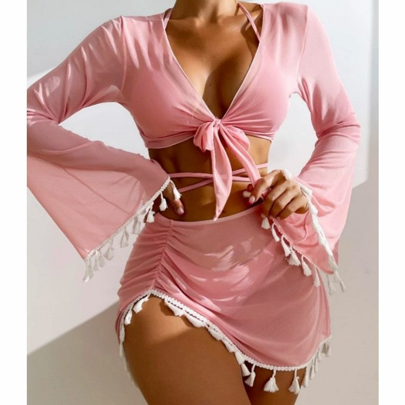 Chic Fringed Bow Tie Bikini Set with Short Skirt and Long Sleeve Cover-Up