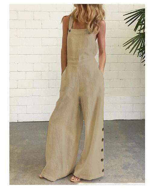 Retro Wide-Leg Buckle Jumpsuit with Side Pockets