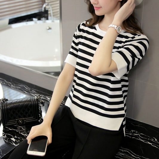 Black and White Striped Short Front Long Back Tee