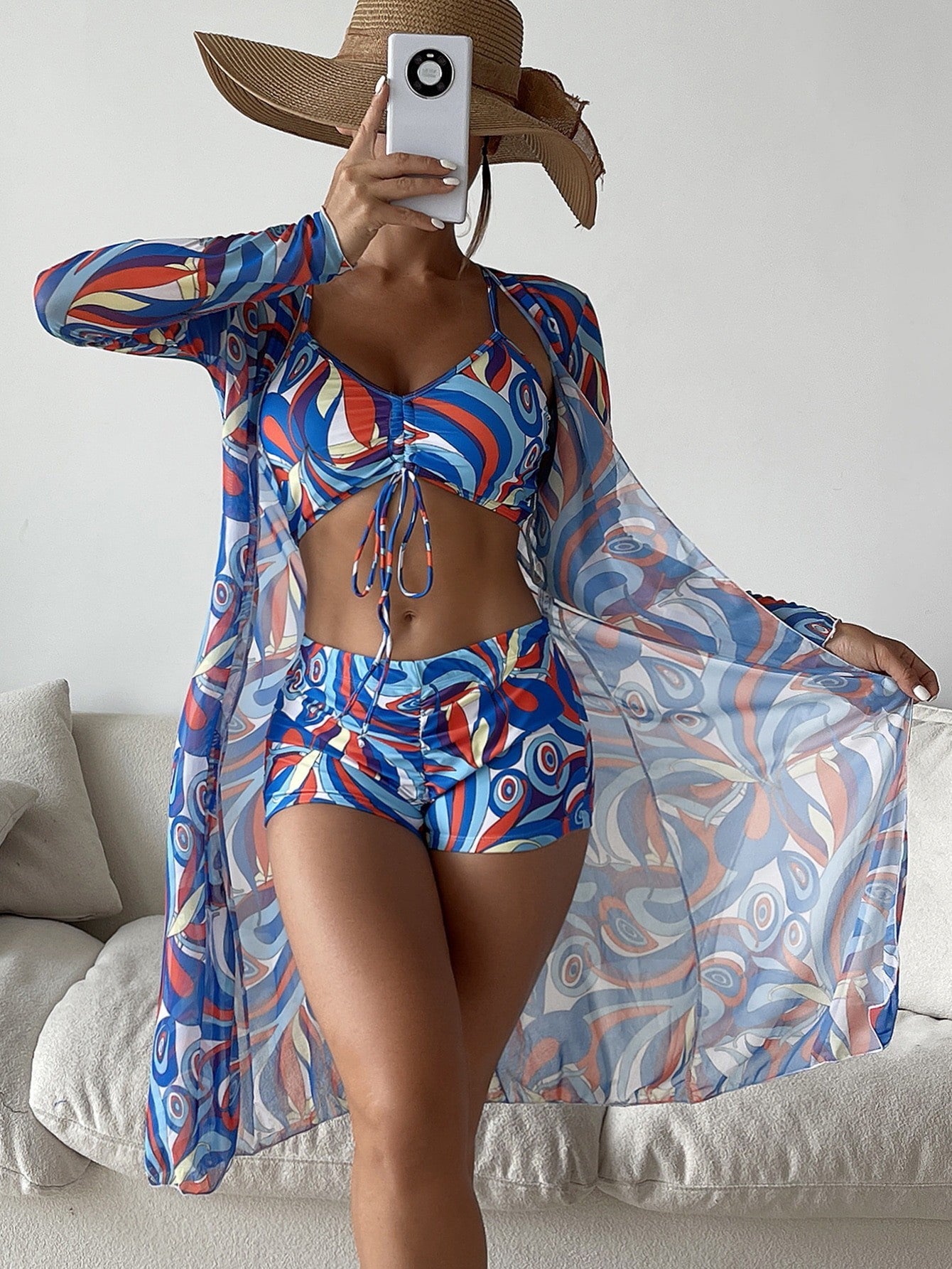 Summer Floral Bikini Set with Long Sleeve Cardigan
