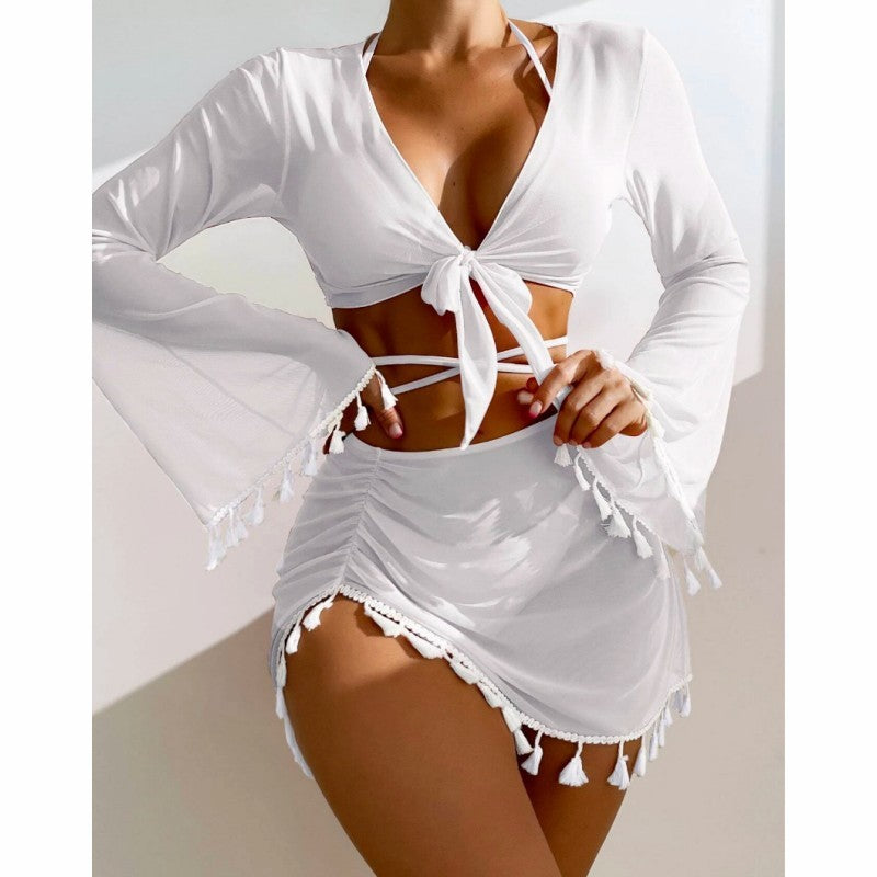 Chic Fringed Bow Tie Bikini Set with Short Skirt and Long Sleeve Cover-Up