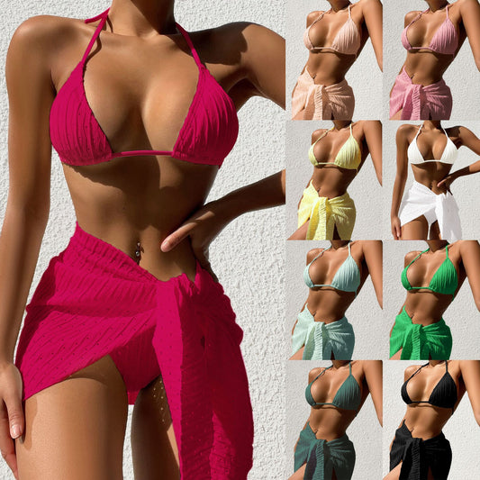 Meshed Halterneck Bikini Set with Solid Color Skirt