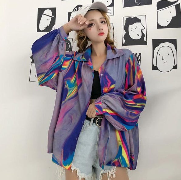 Holographic Rainbow Shirt with Turn-Down Collar - default
