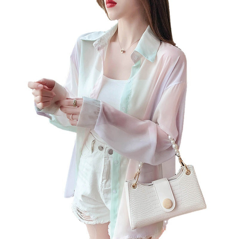 Rainbow Striped Chiffon Sun Shirt - Image 3