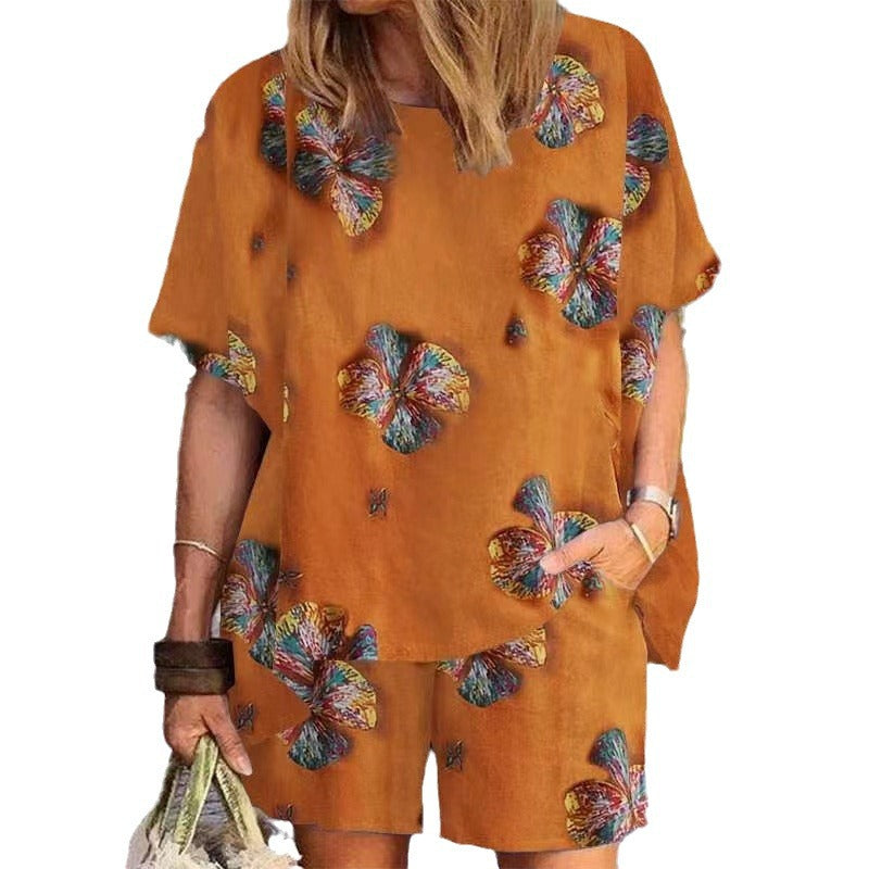 Printed Retro Cotton and Linen Plus Size Clothing Set - Image 2