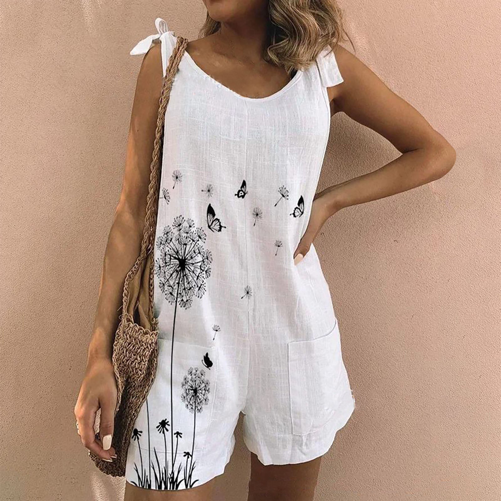 Printed Cotton Linen Loose Jumpsuit