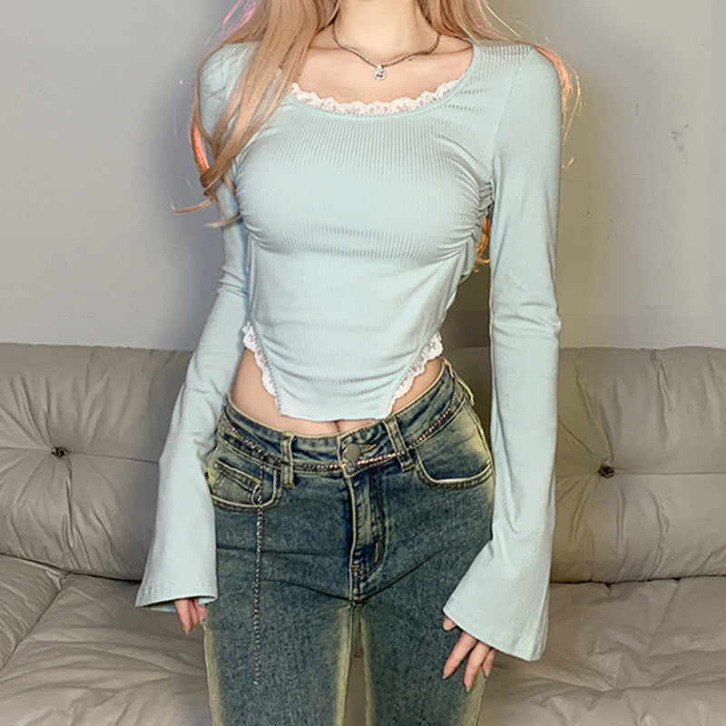 Trumpet Sleeve Knitted Top with Lace Waist Detailing - Image 4