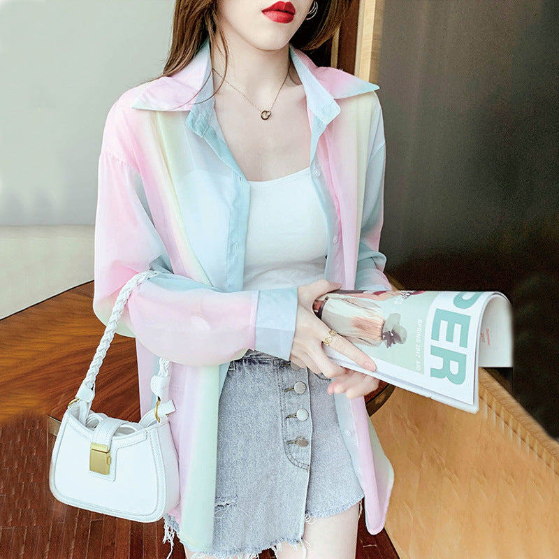 Rainbow Striped Chiffon Sun Shirt - Image 5