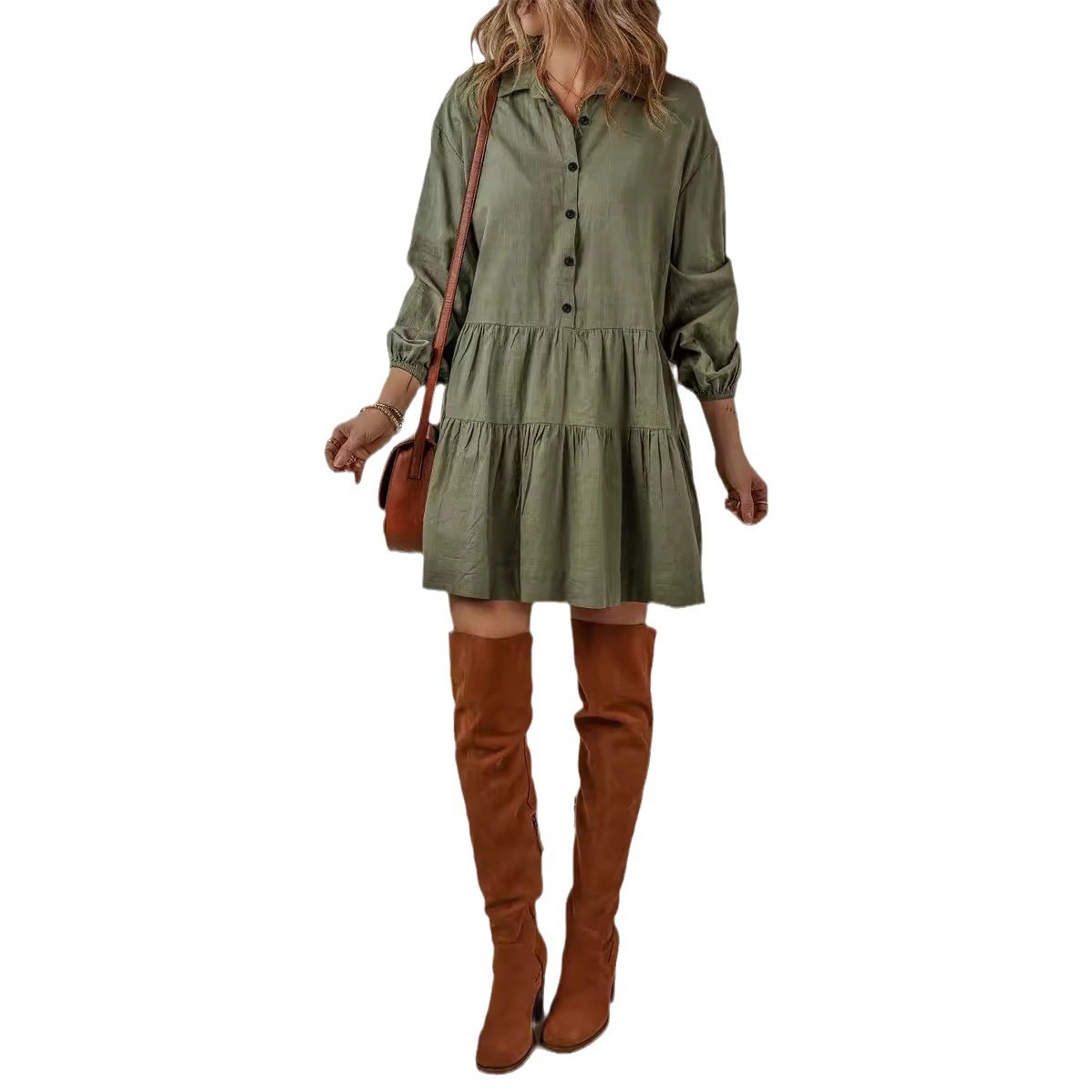 Solid Color Long Sleeve Stitching Dress - Image 2