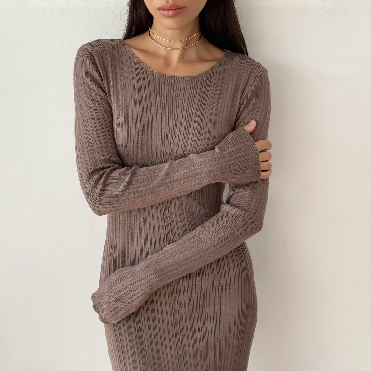 Striped Waist-Tight Knit Dress - Image 5