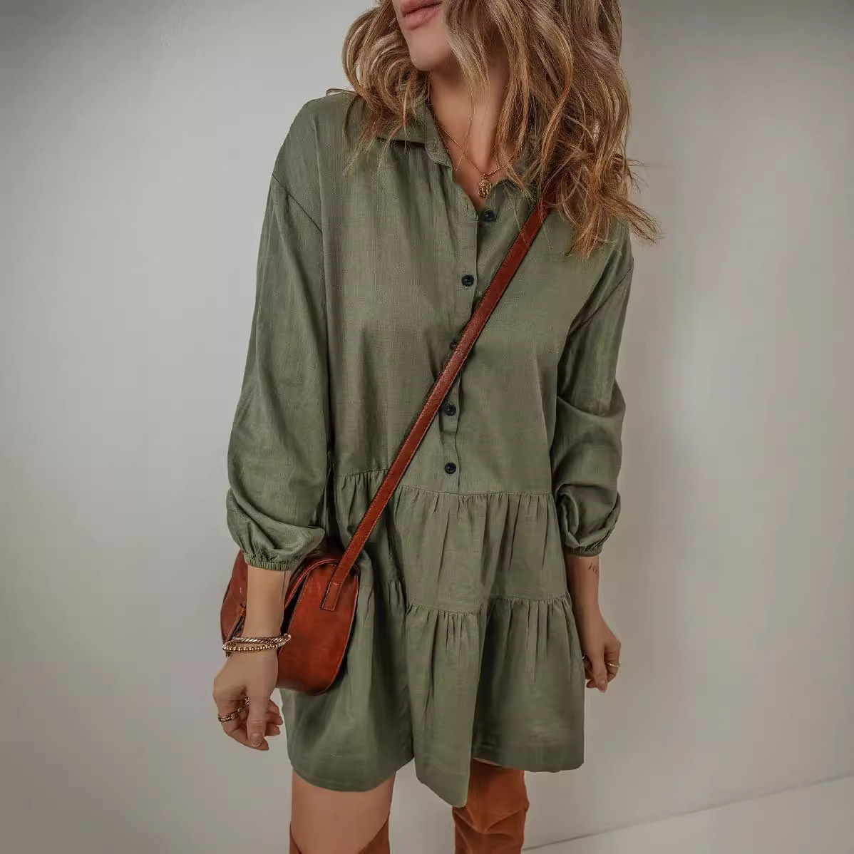 Solid Color Long Sleeve Stitching Dress
