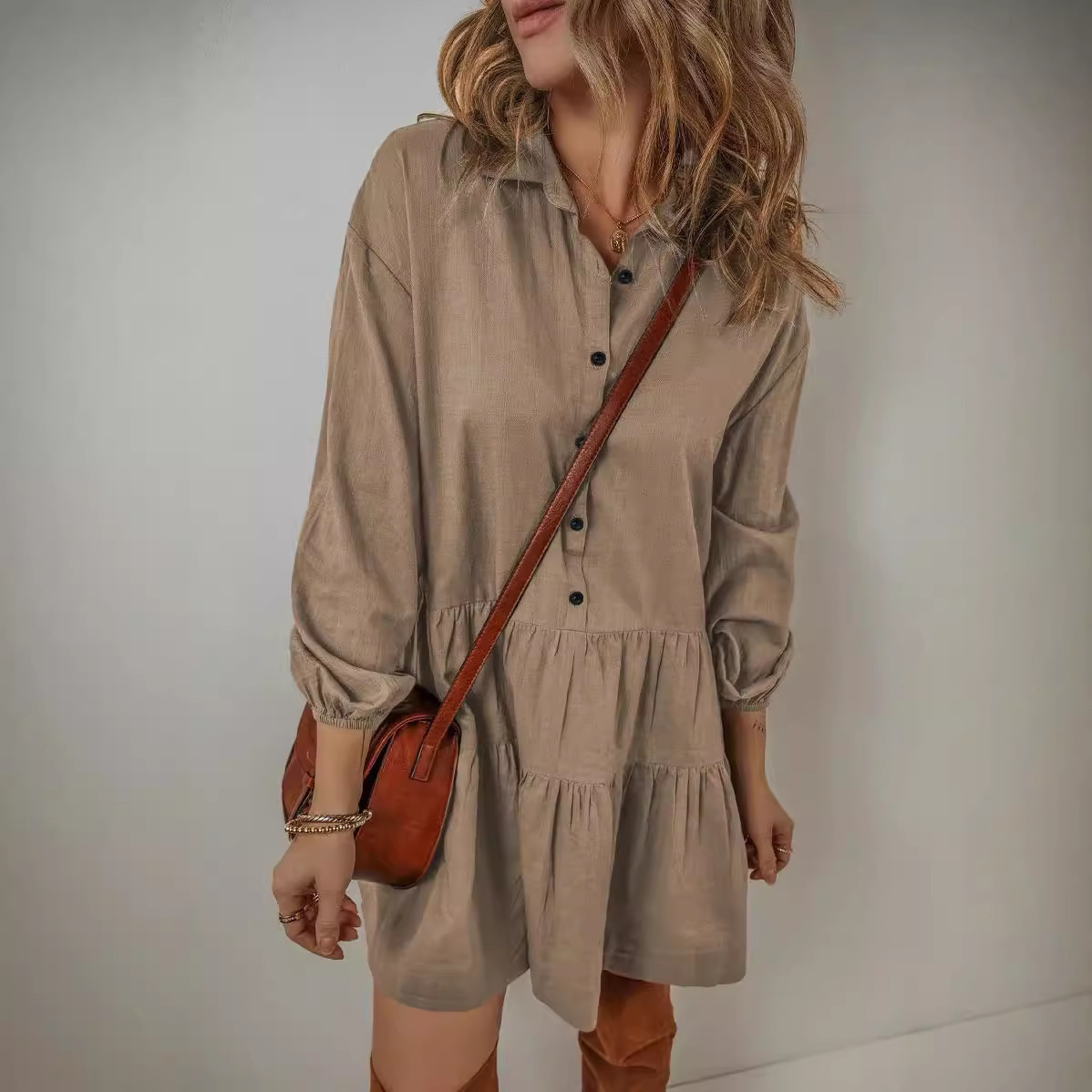Solid Color Long Sleeve Stitching Dress - Image 5