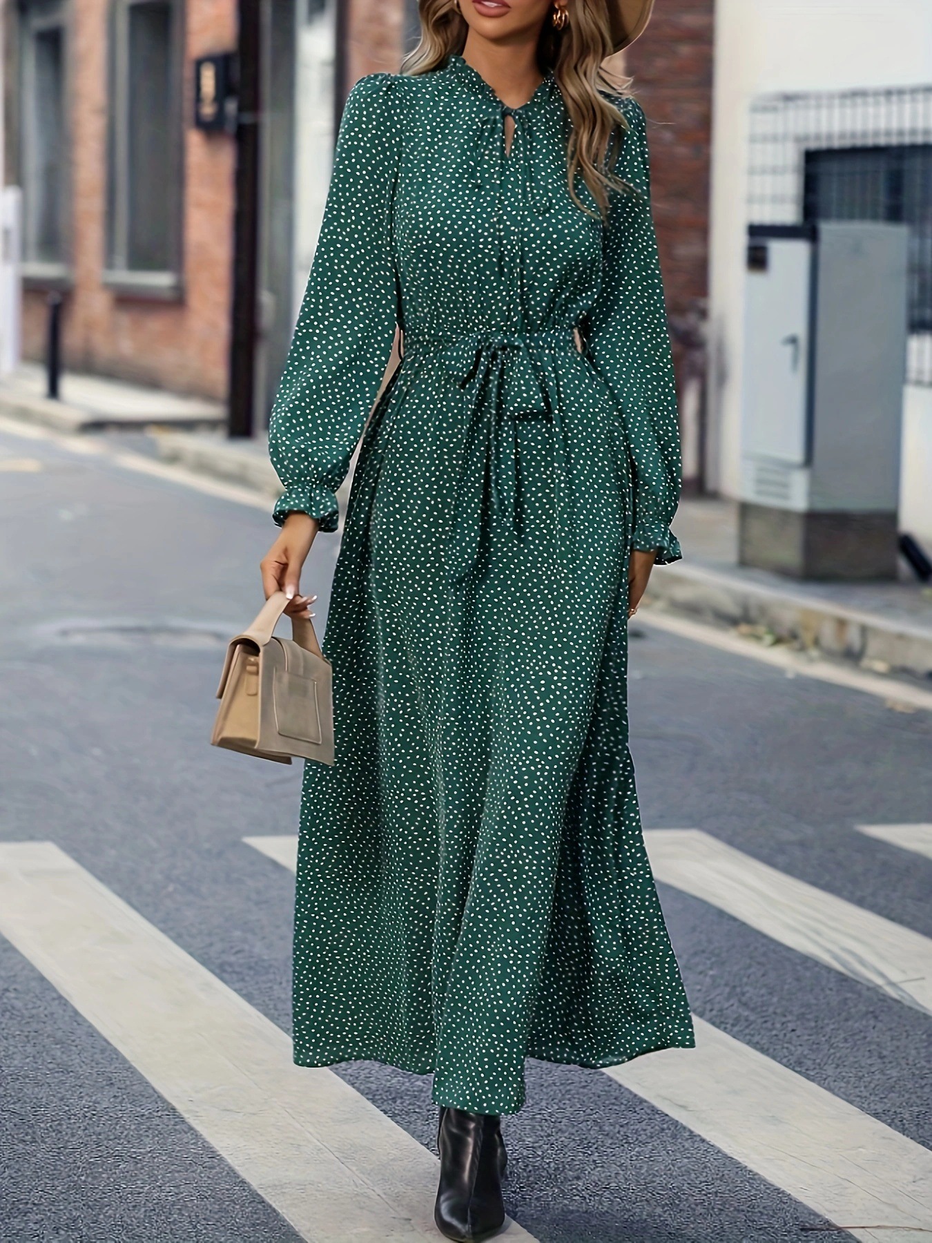 Long Sleeve Dotted Dress - Image 3