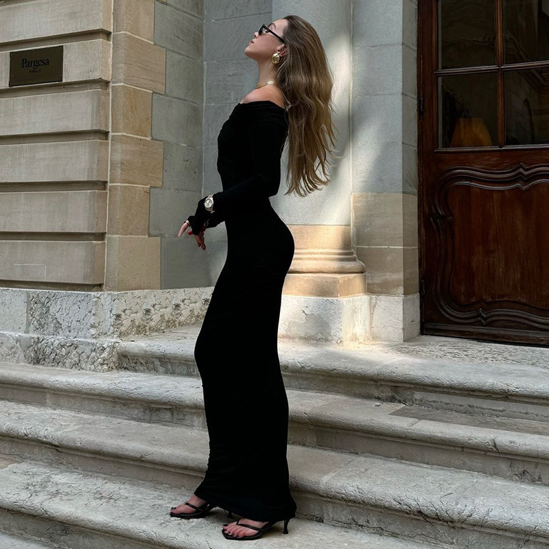 Off-Shoulder Long Sleeve Slim Dress - Image 3