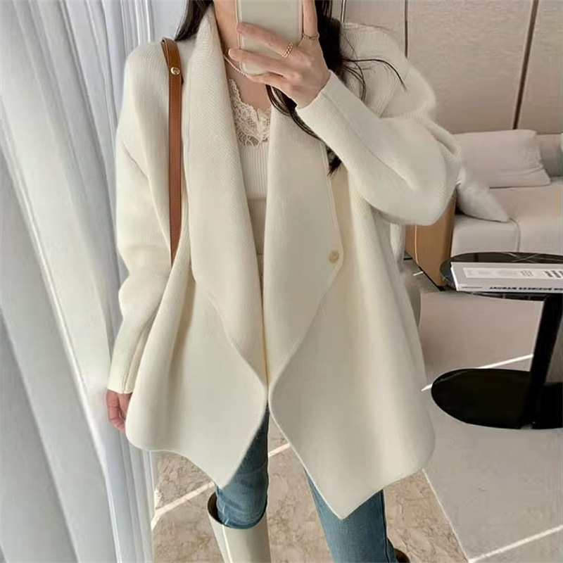 Korean Style Lapel Mid-Length Knitted Cardigan