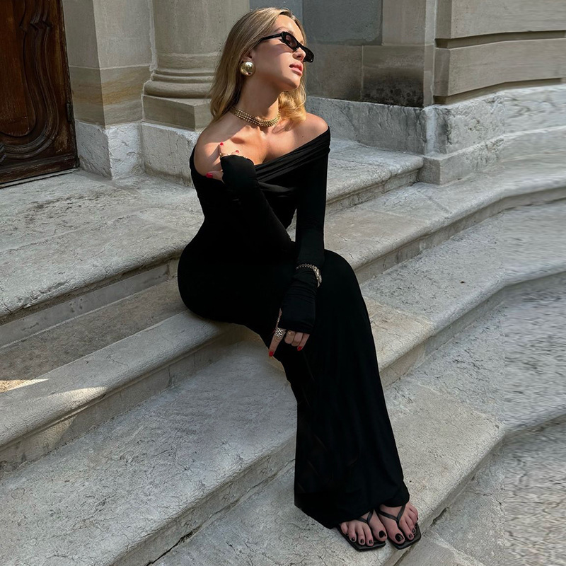 Off-Shoulder Long Sleeve Slim Dress - Image 2