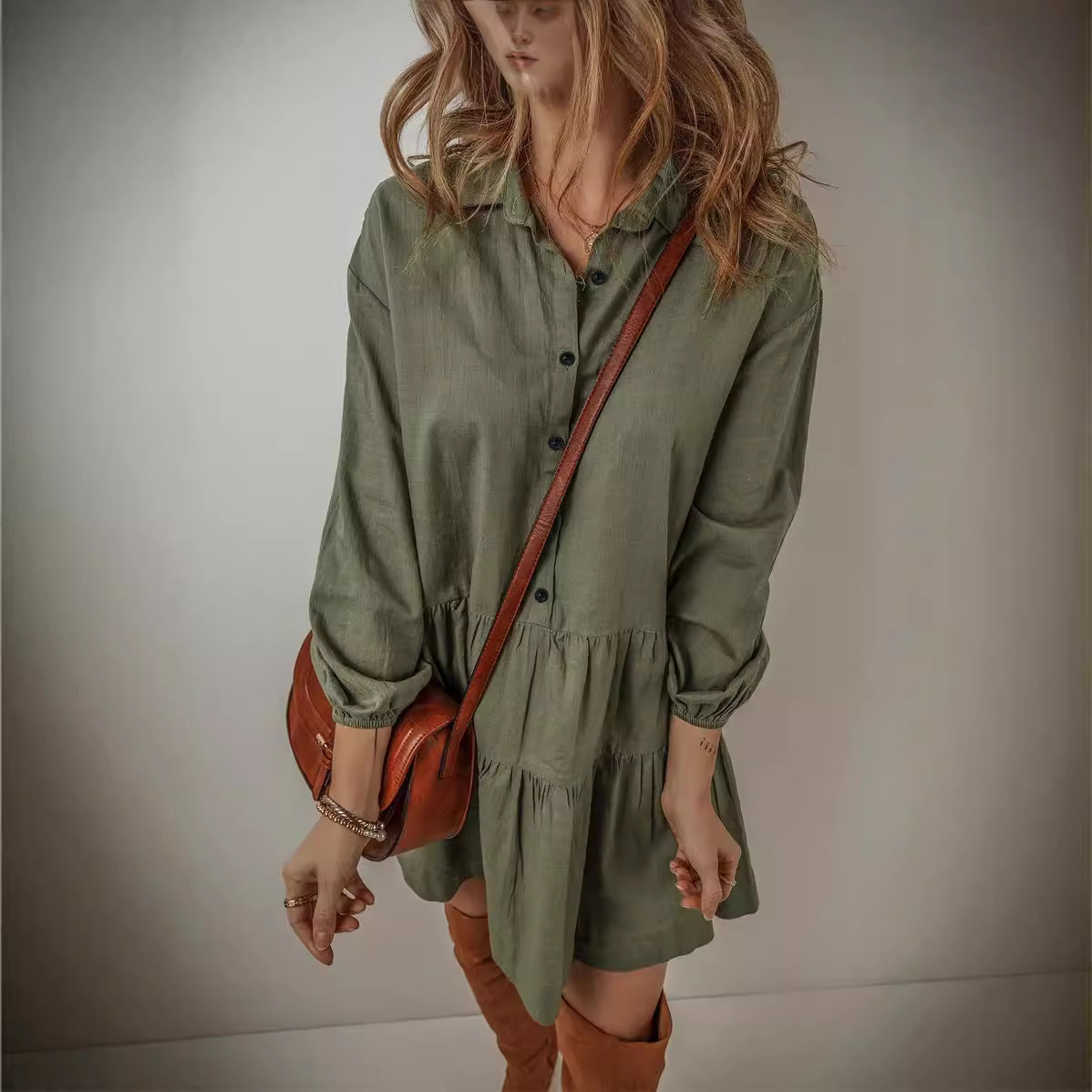 Solid Color Long Sleeve Stitching Dress - Image 3
